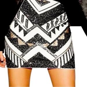 Express Black Gold White Sequin Tribal Southwestern Mini Pencil Skirt Size XS